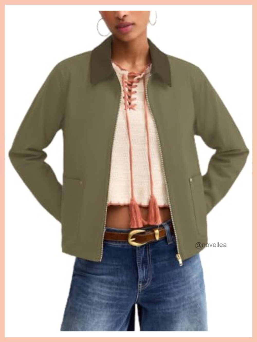 Womens Cropped Barn Jacket Zip Up Lightweight Coat with Pockets